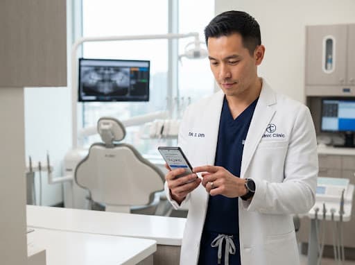 Dentist checking a phone in a dental clinic